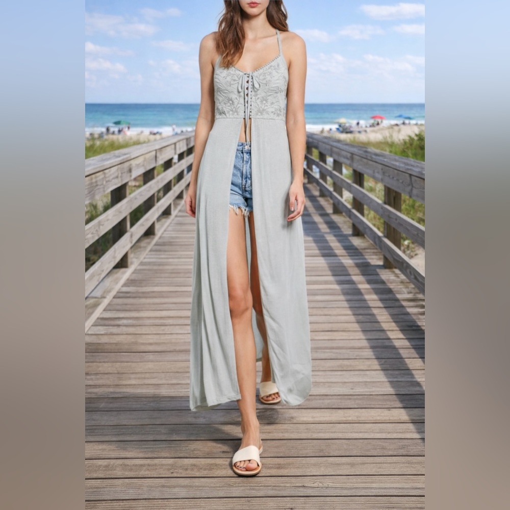 SUN & SHADOW EMBROIDERED MAXI TOP – GRAY PURITAN